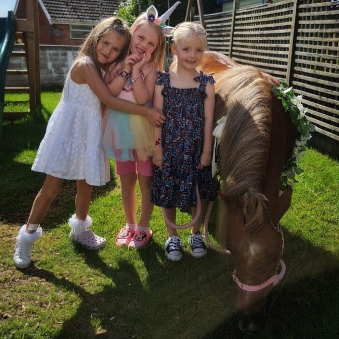 3 kids grooming a unicorn pony